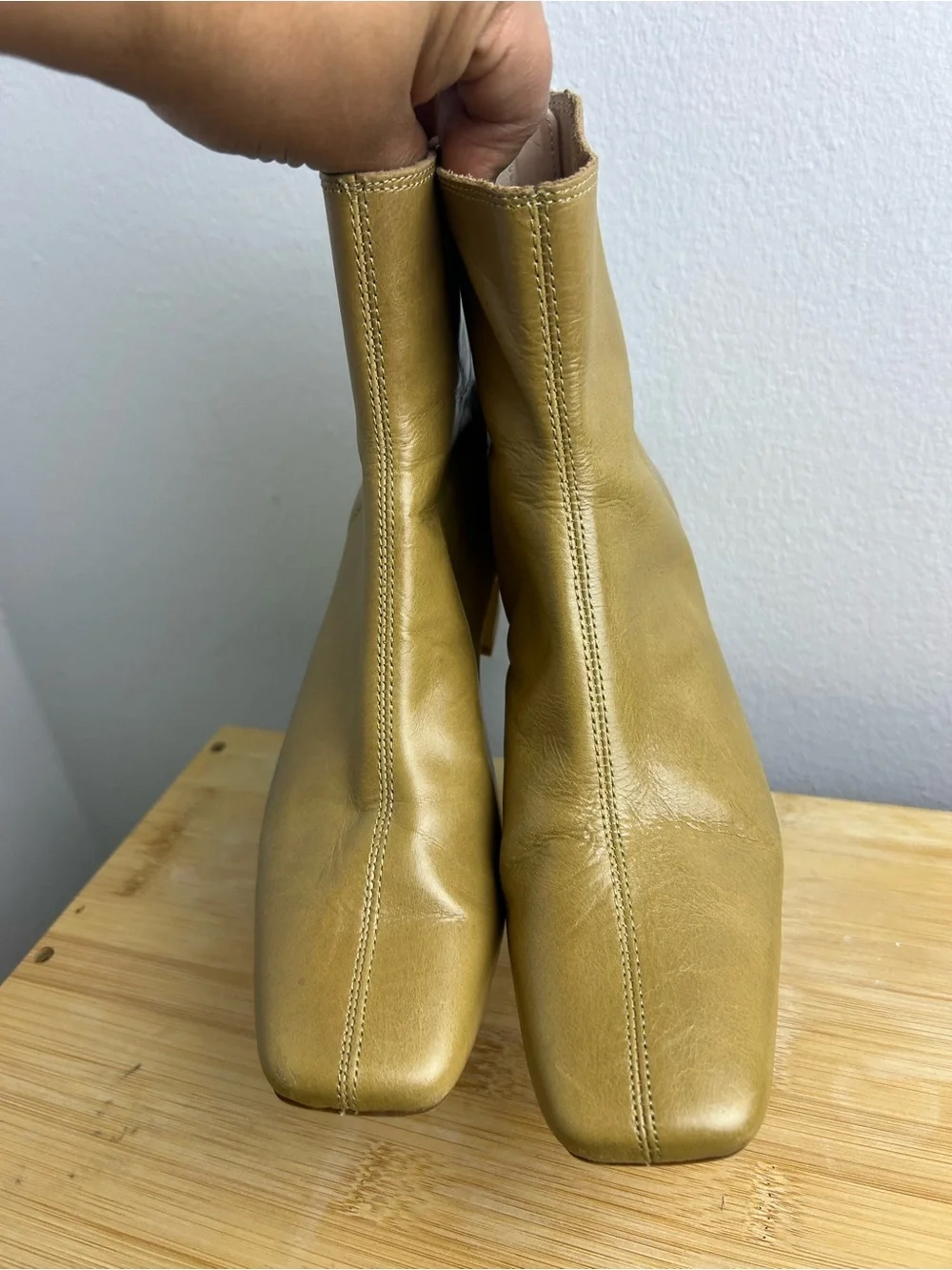 Mango Squared Toe Leather Ankle Boots Size 36 Women's Block Heel butter yellow
